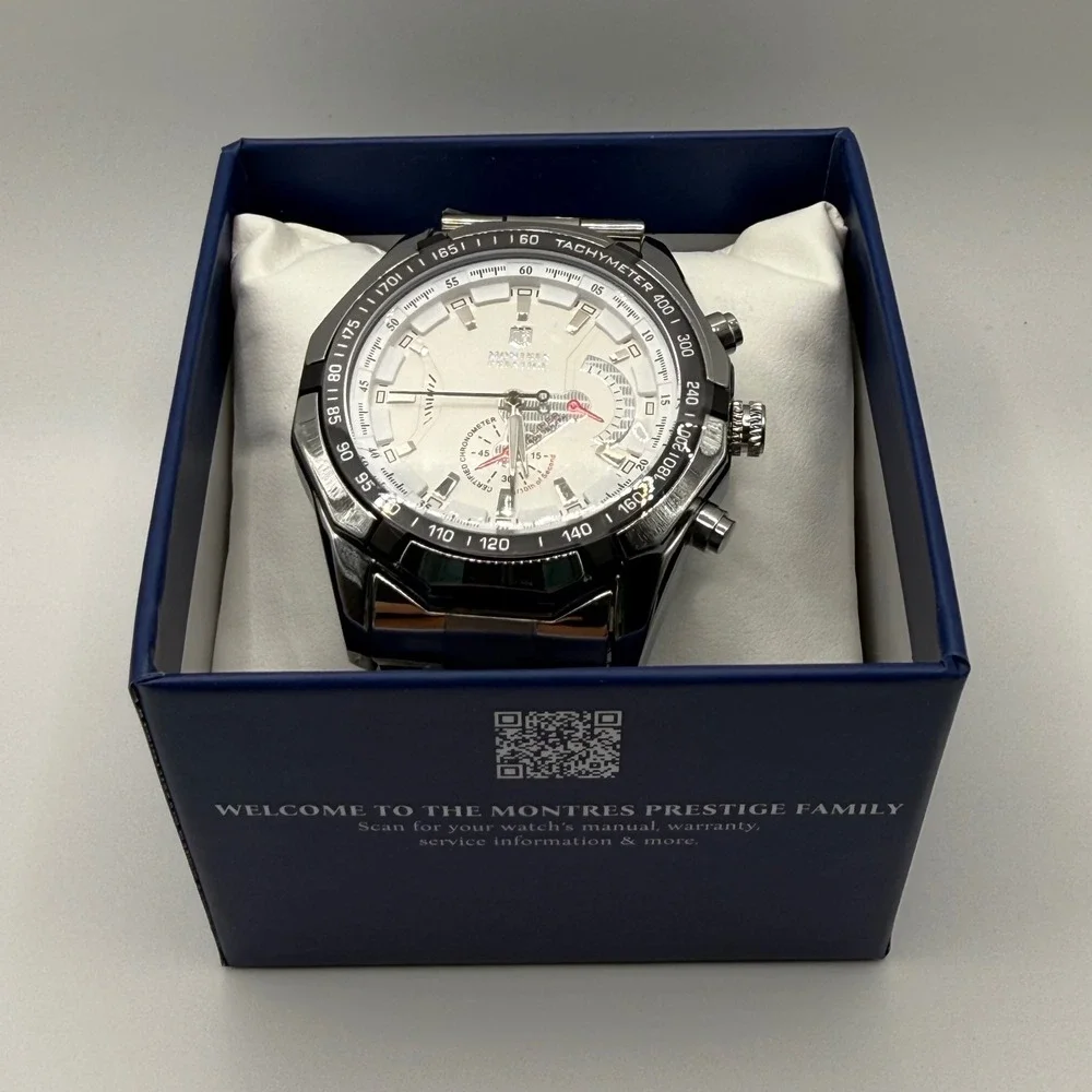 Montres Prestige Mens Chronograph Watch Silver White Tachymeter MPW-0097 NEW